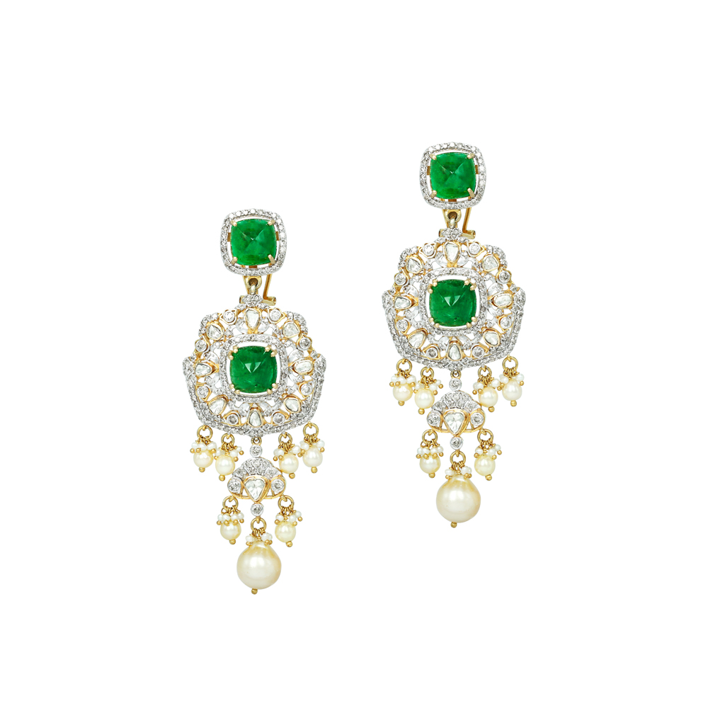 Emerald and Polki Earrings with Pearls